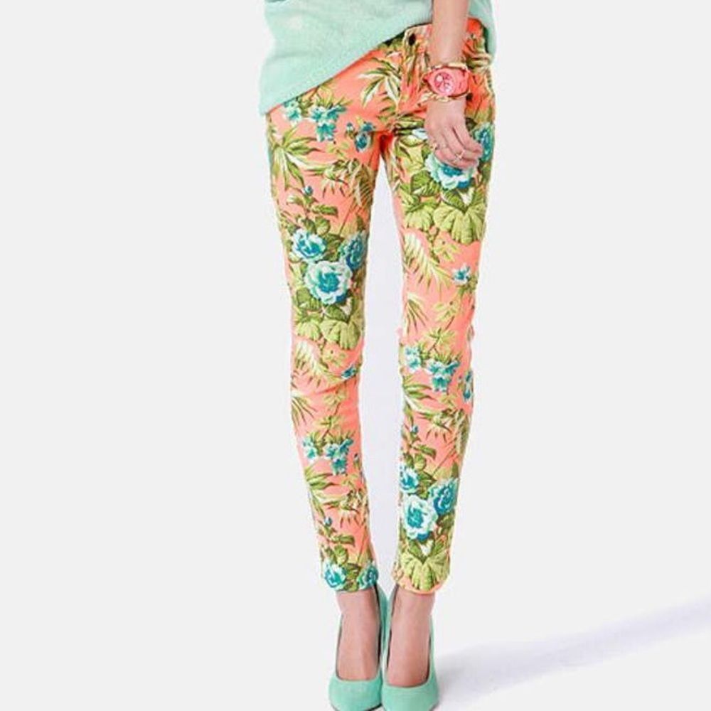 Tripp NYC Orange Paradise Tropical Floral Skinny Jeans Y2K Punk Low Rise